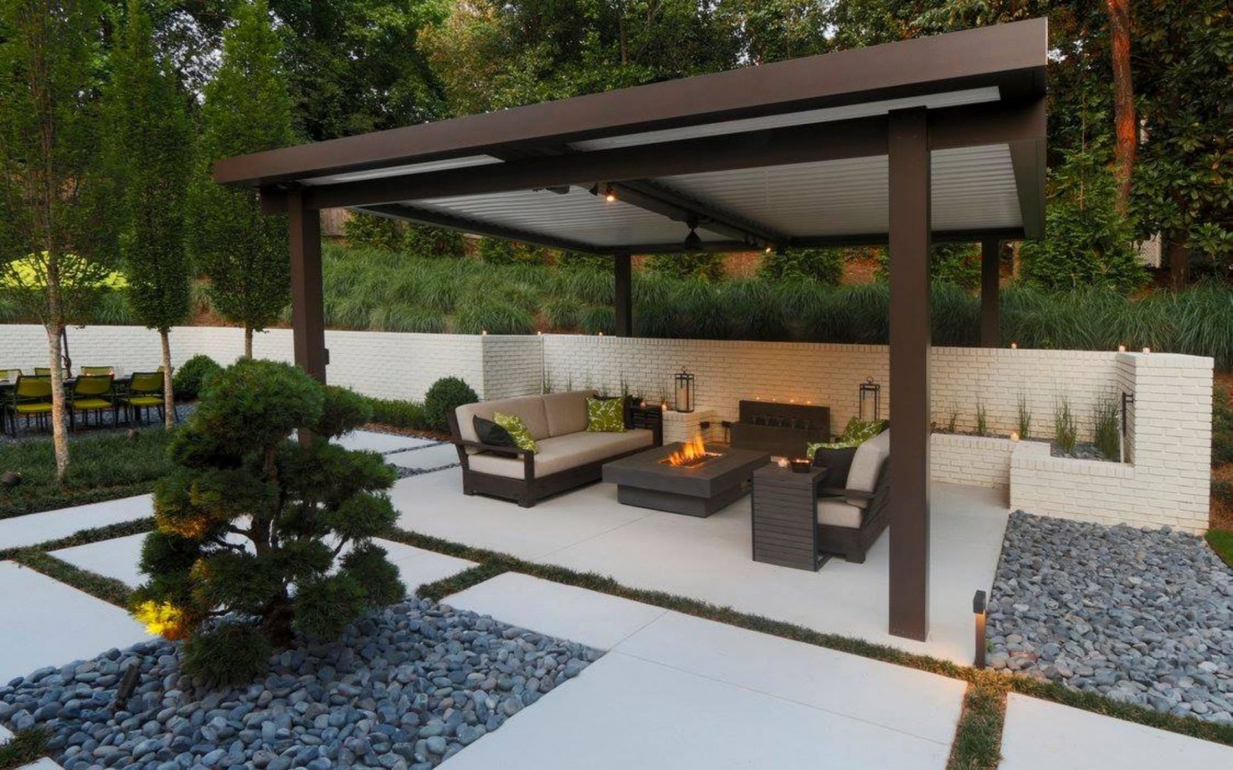 Modern outdoor room with an Equinox louvered roof and accessories